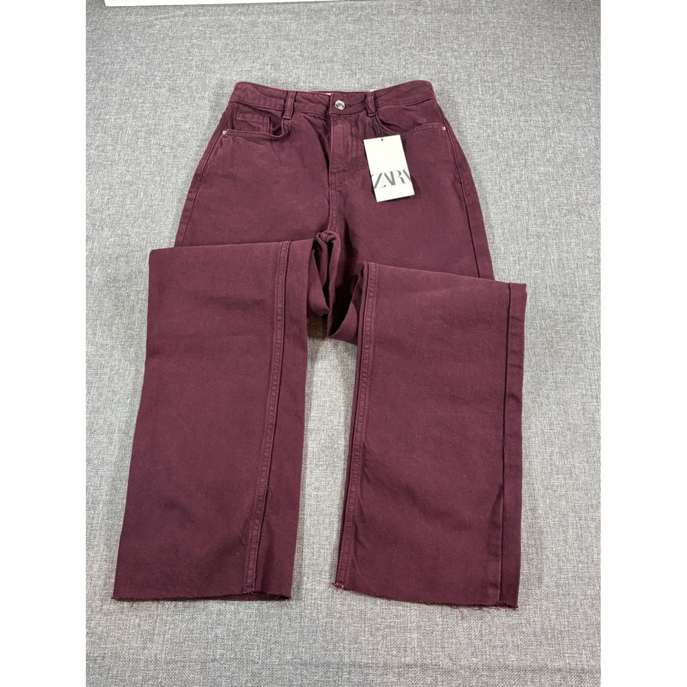 Zara Womens Straight Fit High Rise Jeans Size 0 Burgundy Maroon Raw Hem NWT